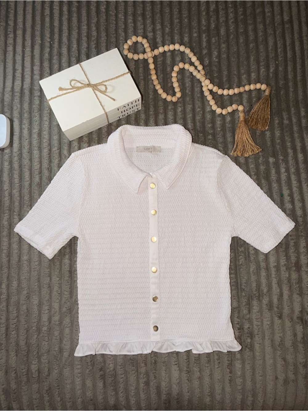 LOFT White Short Sleeve Button-Down Top with Ruffle Hem